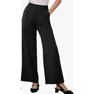 Belle Poque Women's High Waisted Wide Leg Pants Button, BLACK Stretchy, LARGE